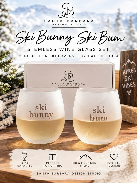 Santa Barbara Design Studio Other - Santa Barbara Design Studio Ski Bunny Ski Bum Stemless Wine Glass Set NWT